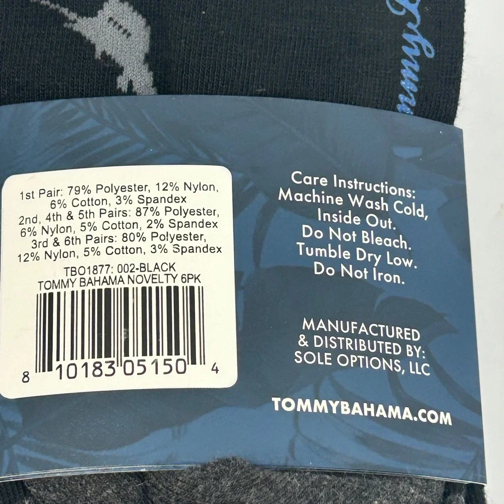Tommy Bahama Mens 6 Pair Crew Socks Black Flamingo Palm Tree Marlin One‎ Size